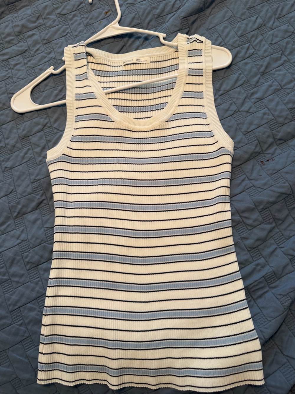 BE COOL Cream Tank with Light Blue & Navy Stripes